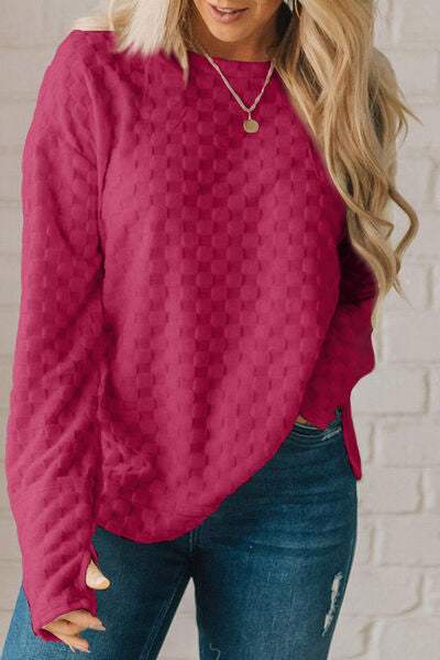 Checkered Round Neck Long Sleeve T-Shirt Hot Pink Women's T-Shirts - Tophatter Daily Deals