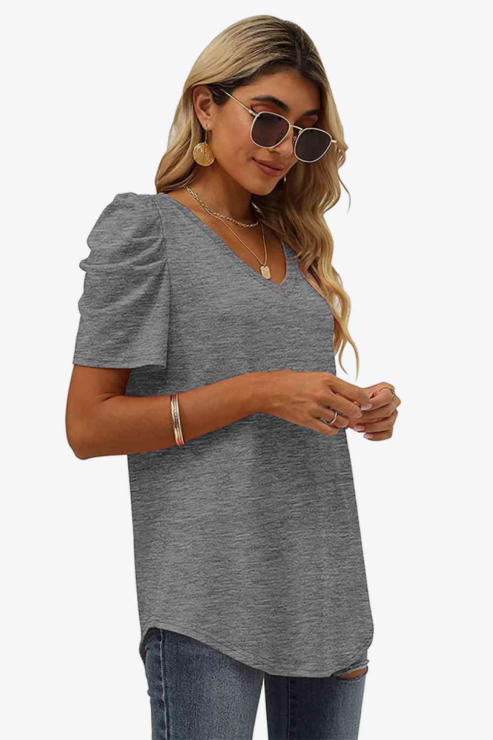 V-Neck Puff Sleeve Tee Women's T-Shirts - Tophatter Daily Deals