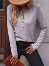 Round Neck Buttoned Long Sleeve T-Shirt Light Gray Women's T-Shirts - Tophatter Daily Deals