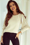 Buttoned Cuffs Shiny Puff Sleeves Top Beige Blouses - Tophatter Daily Deals