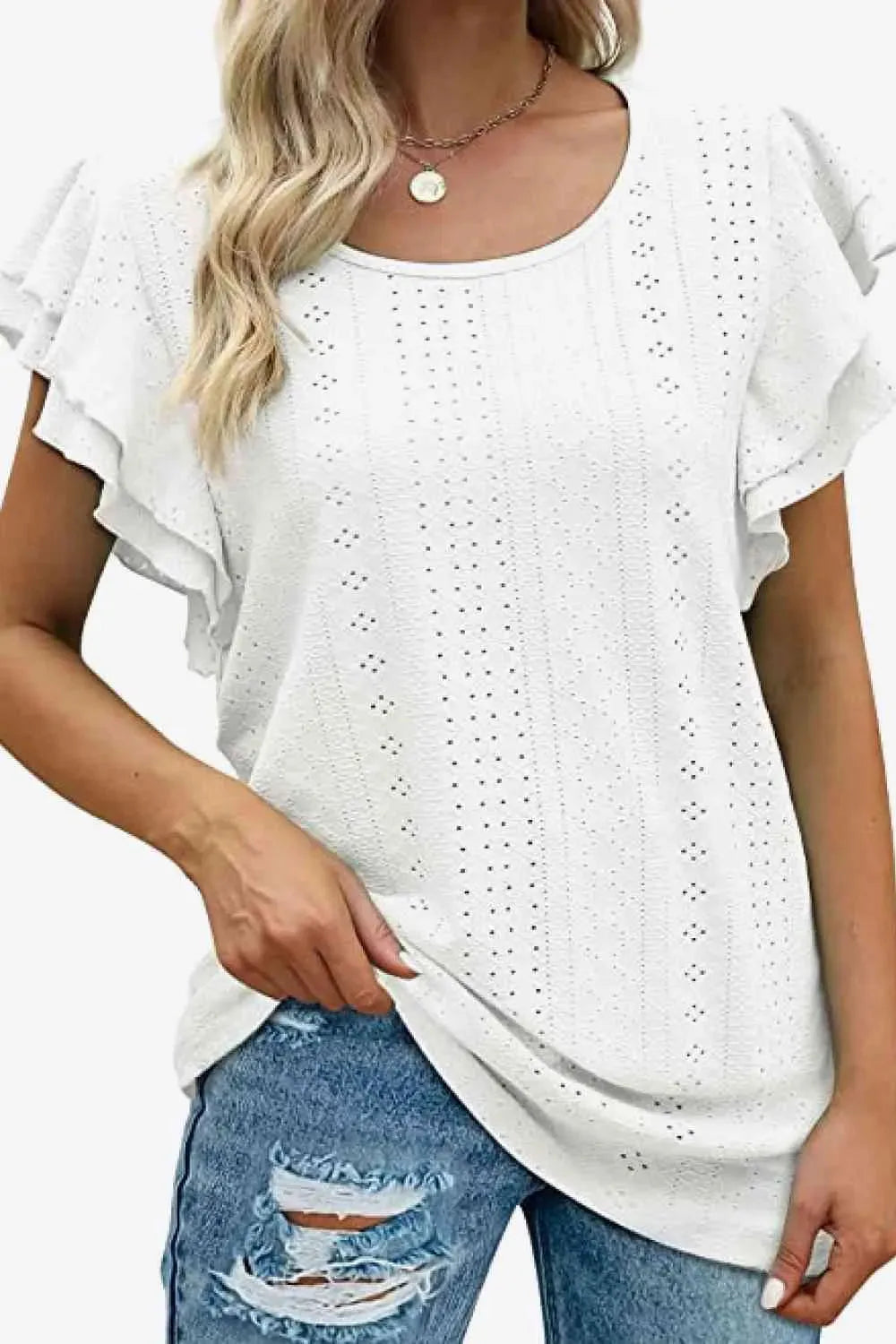 Round Neck Layered Flutter Sleeve Blouse Blouses - Tophatter Daily Deals