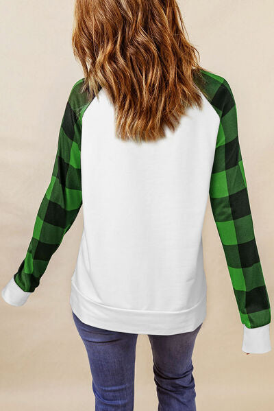 LUCKY Plaid Round Neck Raglan Sleeve T-Shirt Women's T-Shirts - Tophatter Daily Deals