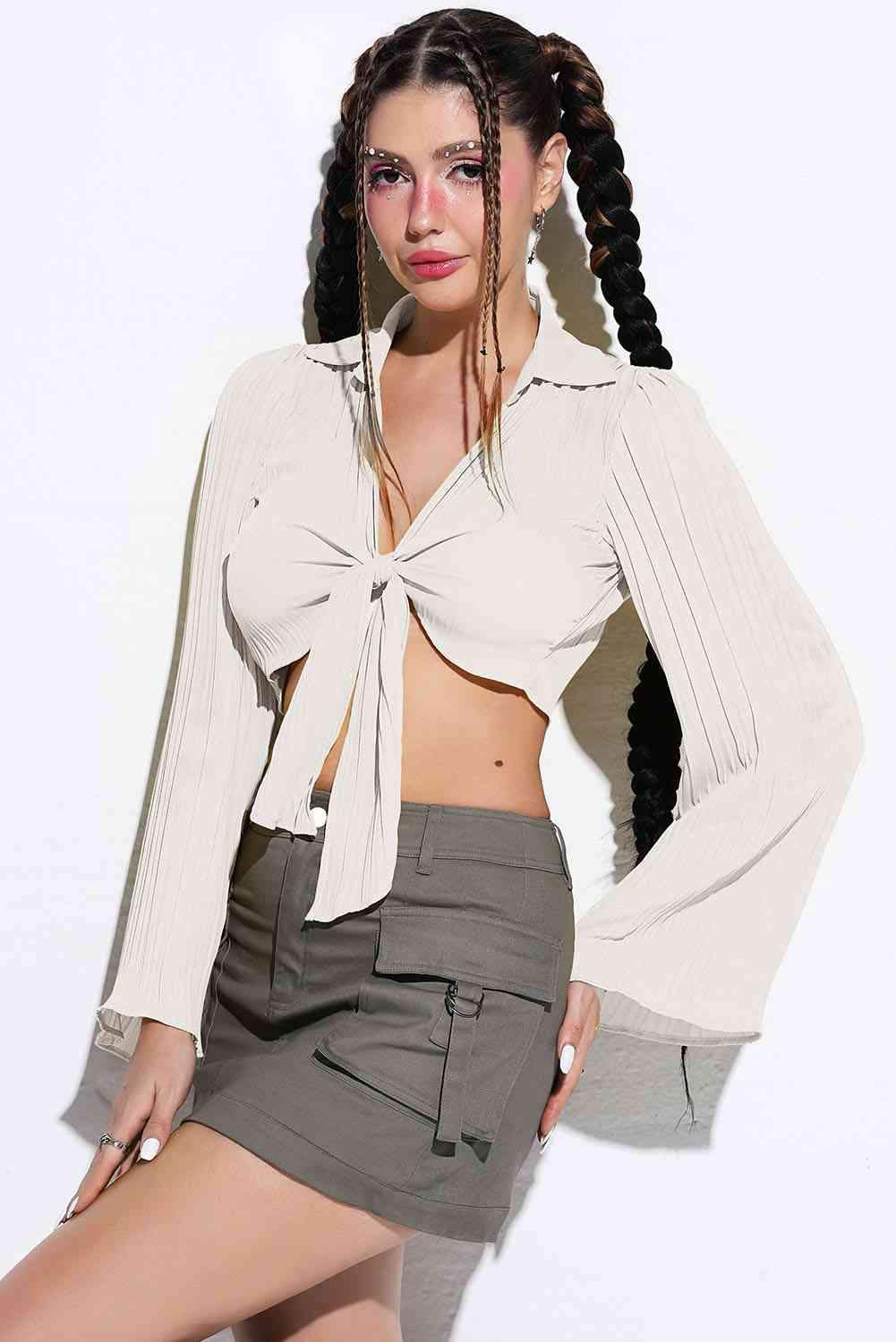 Tie Front Johnny Collar Flare Sleeve Cropped Top Blouses - Tophatter Daily Deals