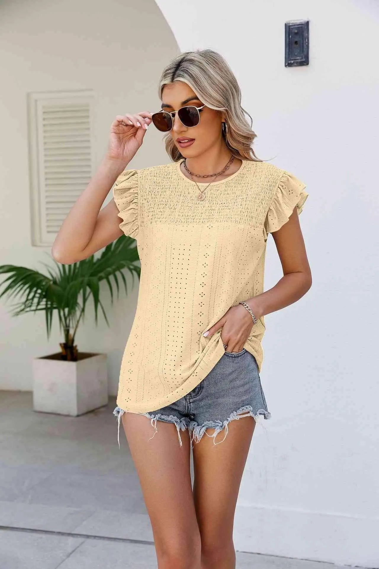 Smocked Round Neck Flutter Sleeve Top Blouses - Tophatter Daily Deals