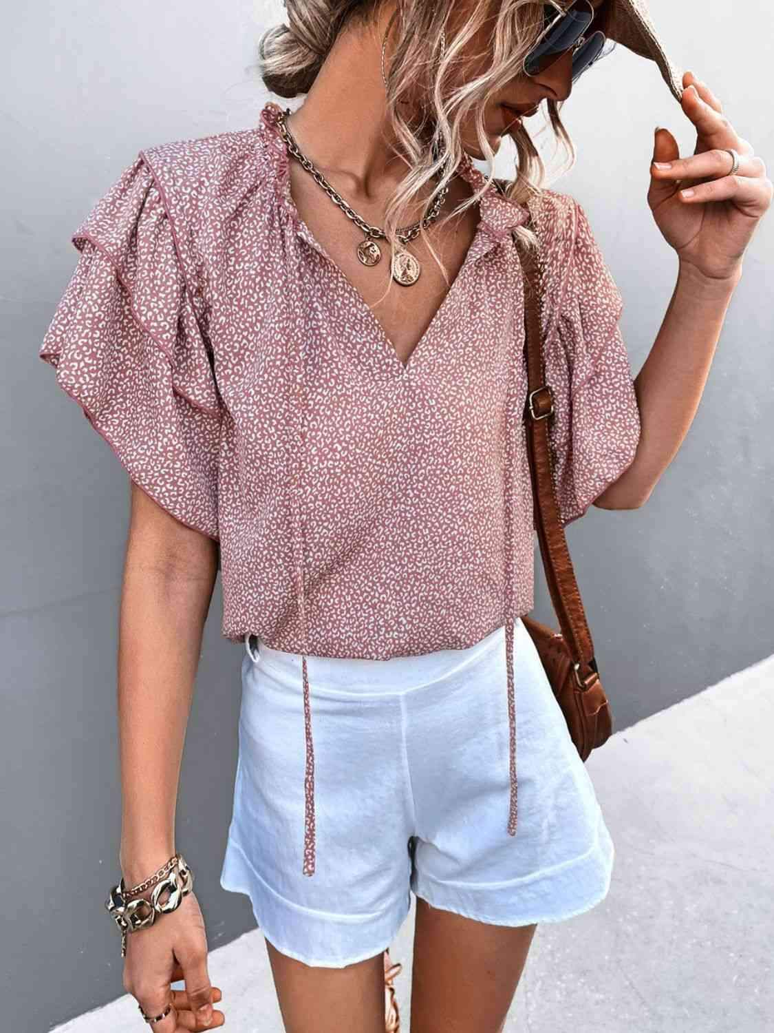 Printed Flutter Sleeve V-Neck Top Pink Blouses - Tophatter Daily Deals