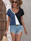 Color Block Decorative Button V-Neck Tee Women's T-Shirts - Tophatter Daily Deals