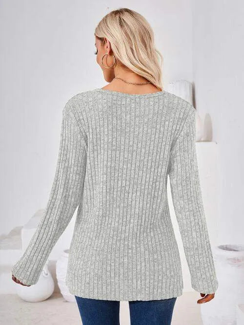 Ribbed Buttoned Round Neck Slit T-Shirt Women's T-Shirts - Tophatter Daily Deals