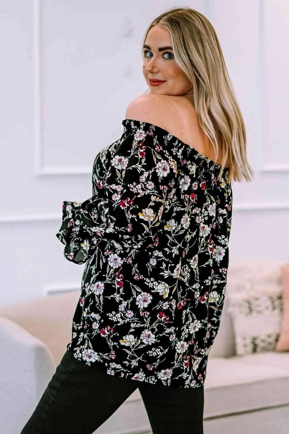 Plus Size Floral Frilled Off-Shoulder Blouse Blouses - Tophatter Daily Deals