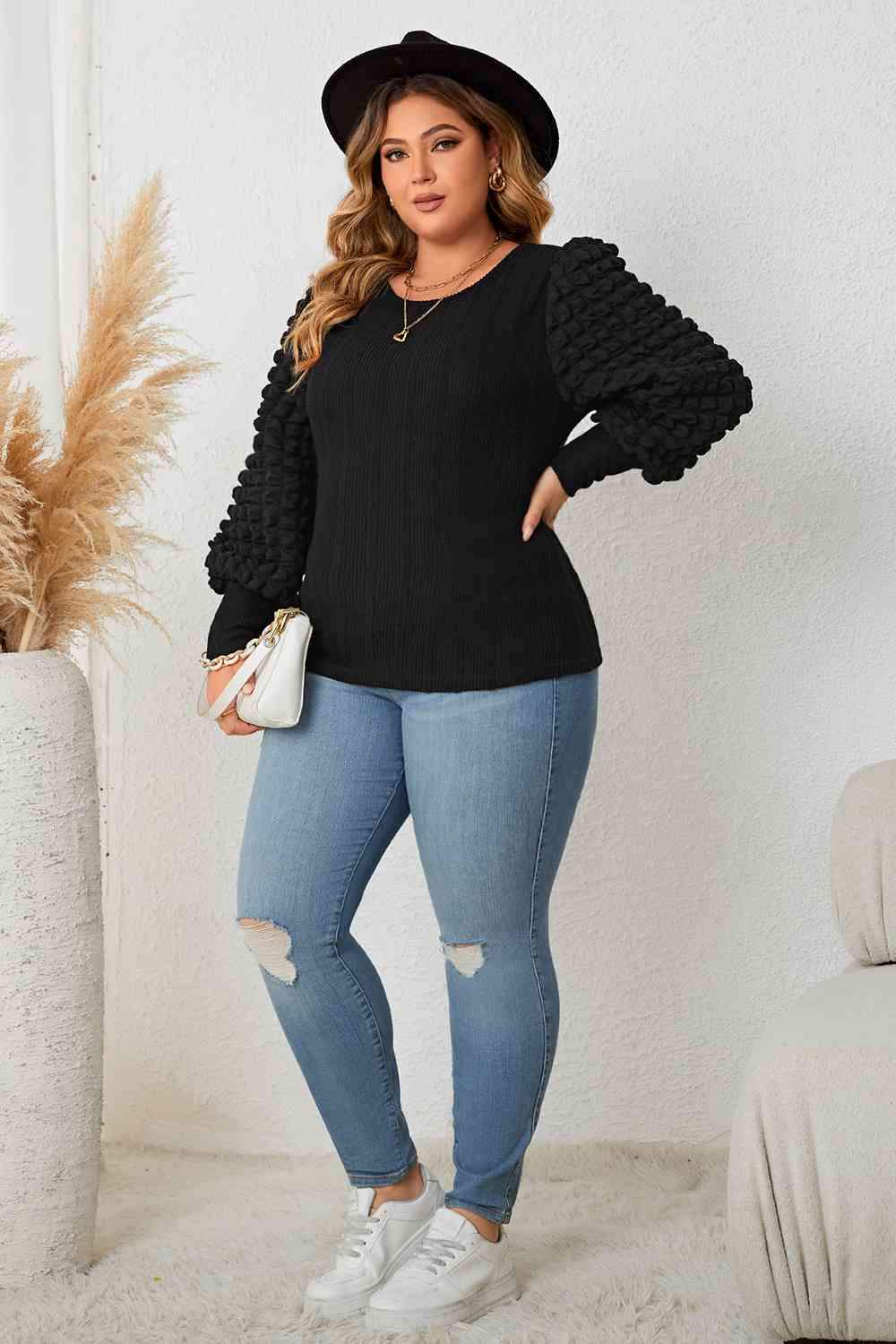 Plus Size Round Neck Lantern Sleeve Blouse Women's T-Shirts - Tophatter Daily Deals