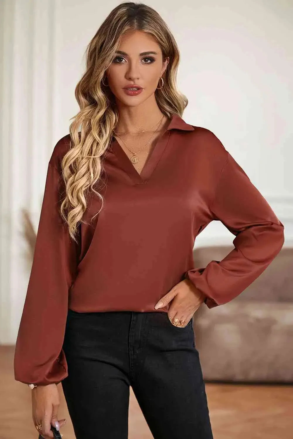 Johnny Collar Lantern Sleeve Blouse Blouses - Tophatter Daily Deals