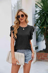 Round Neck Flutter Sleeve Eyelet Blouse Black Blouses - Tophatter Daily Deals