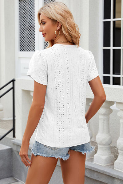 Eyelet V-Neck Petal Sleeve T-Shirt Women's T-Shirts - Tophatter Daily Deals