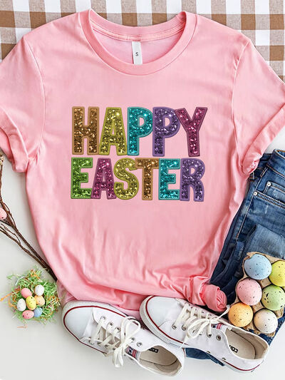 HAPPY EASTER Round Neck Short Sleeve T-Shirt Dusty Pink Women's T-Shirts - Tophatter Daily Deals