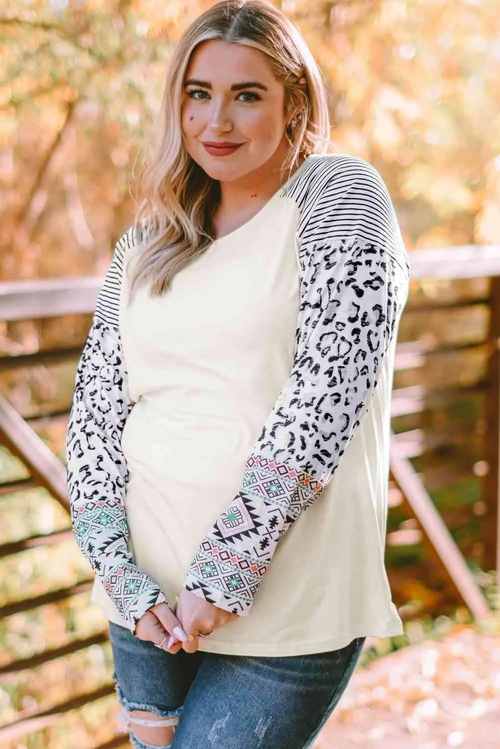 Plus Size Mixed Print Raglan Sleeve Round Neck Top Blouses - Tophatter Daily Deals