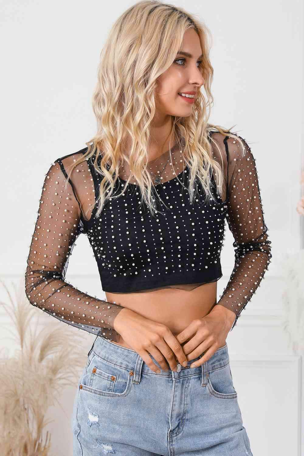 Pearl Long Sleeve Mesh Cropped Top Black Blouses - Tophatter Daily Deals