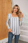 Printed Square Neck Long Sleeve Blouse Stripe Blouses - Tophatter Daily Deals