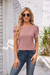 Eyelet Round Neck Petal Sleeve T-Shirt Women's T-Shirts - Tophatter Daily Deals