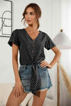 Decorative Button V-Neck Tied Blouse Black Dot Blouses - Tophatter Daily Deals