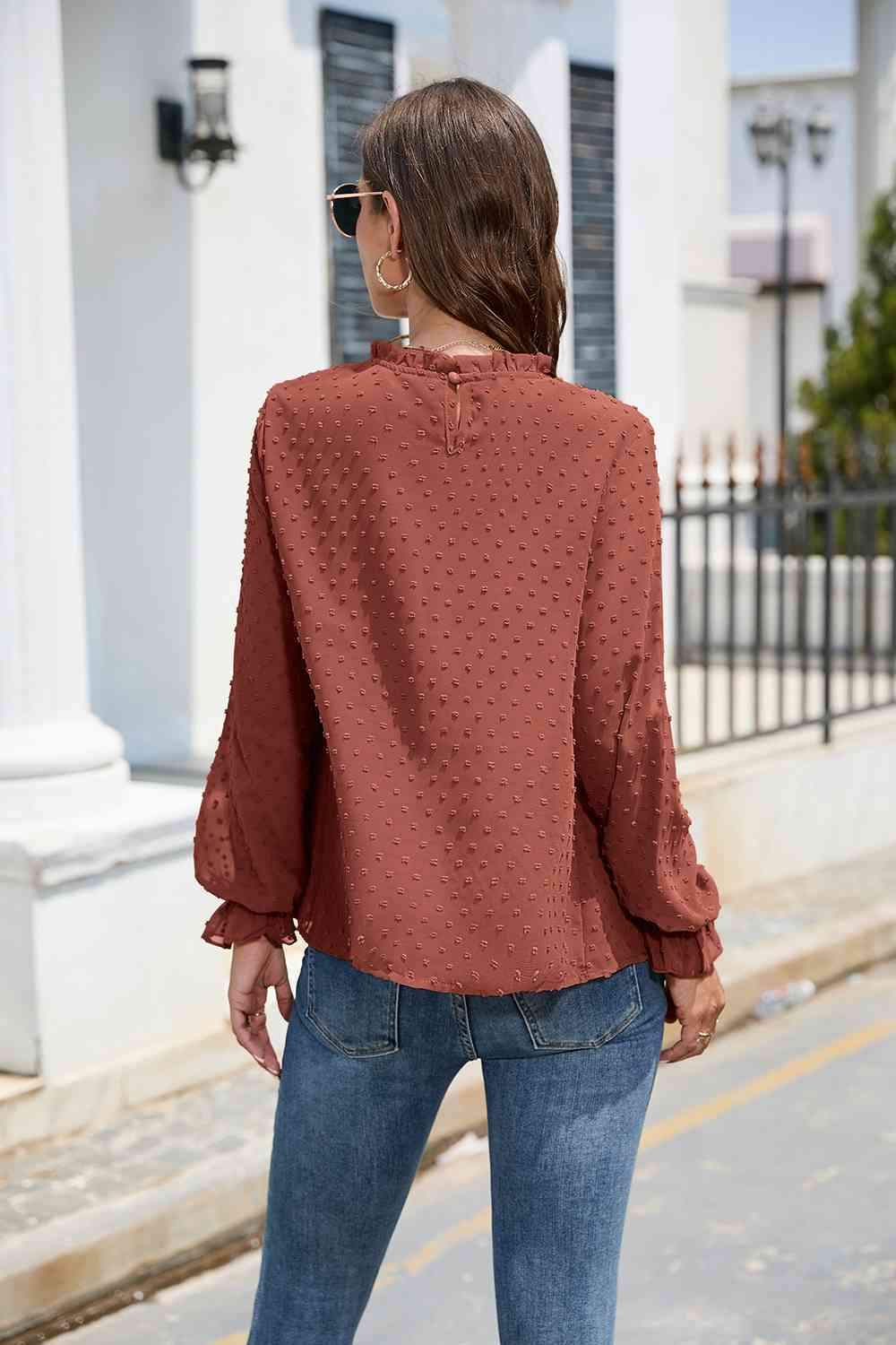 Smocked Mock Neck Swiss Dot Top Blouses - Tophatter Daily Deals