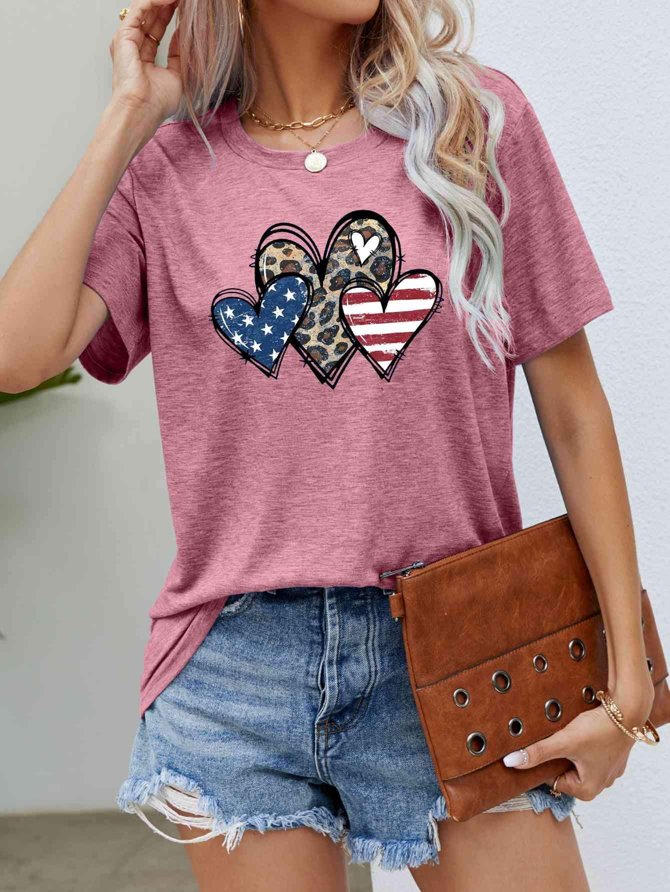 US Flag Leopard Heart Graphic Tee Dusty Pink Women's T-Shirts - Tophatter Daily Deals