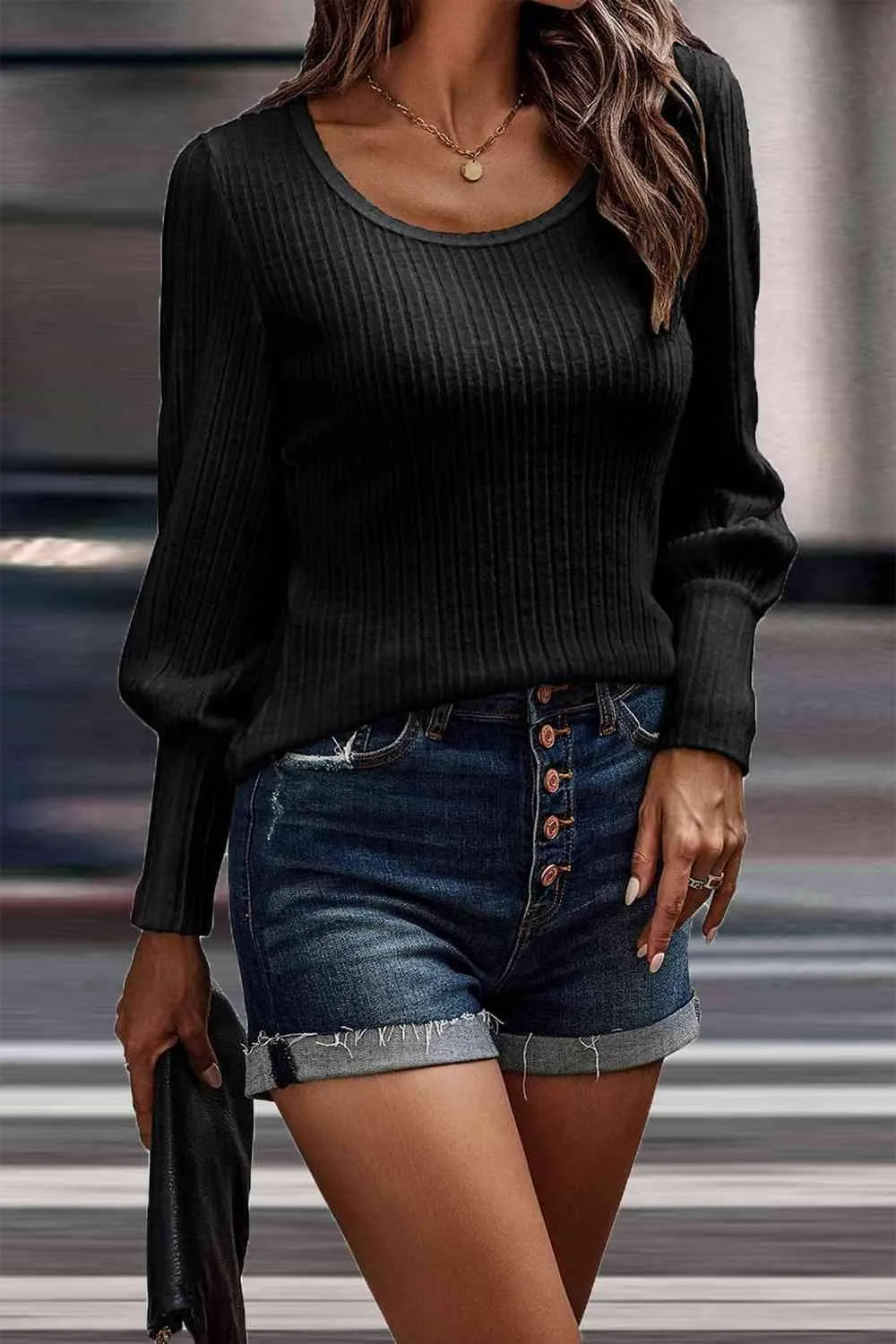 Ribbed Round Neck Lantern Sleeve Blouse Blouses - Tophatter Daily Deals