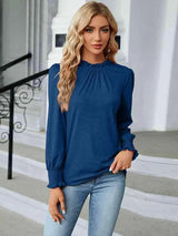 Round Neck Flounce Sleeve Blouse Dusty Blue Women's T-Shirts - Tophatter Daily Deals