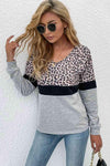 Leopard Color Block V-Neck Long Sleeve Top Gray Leopard Blouses - Tophatter Daily Deals