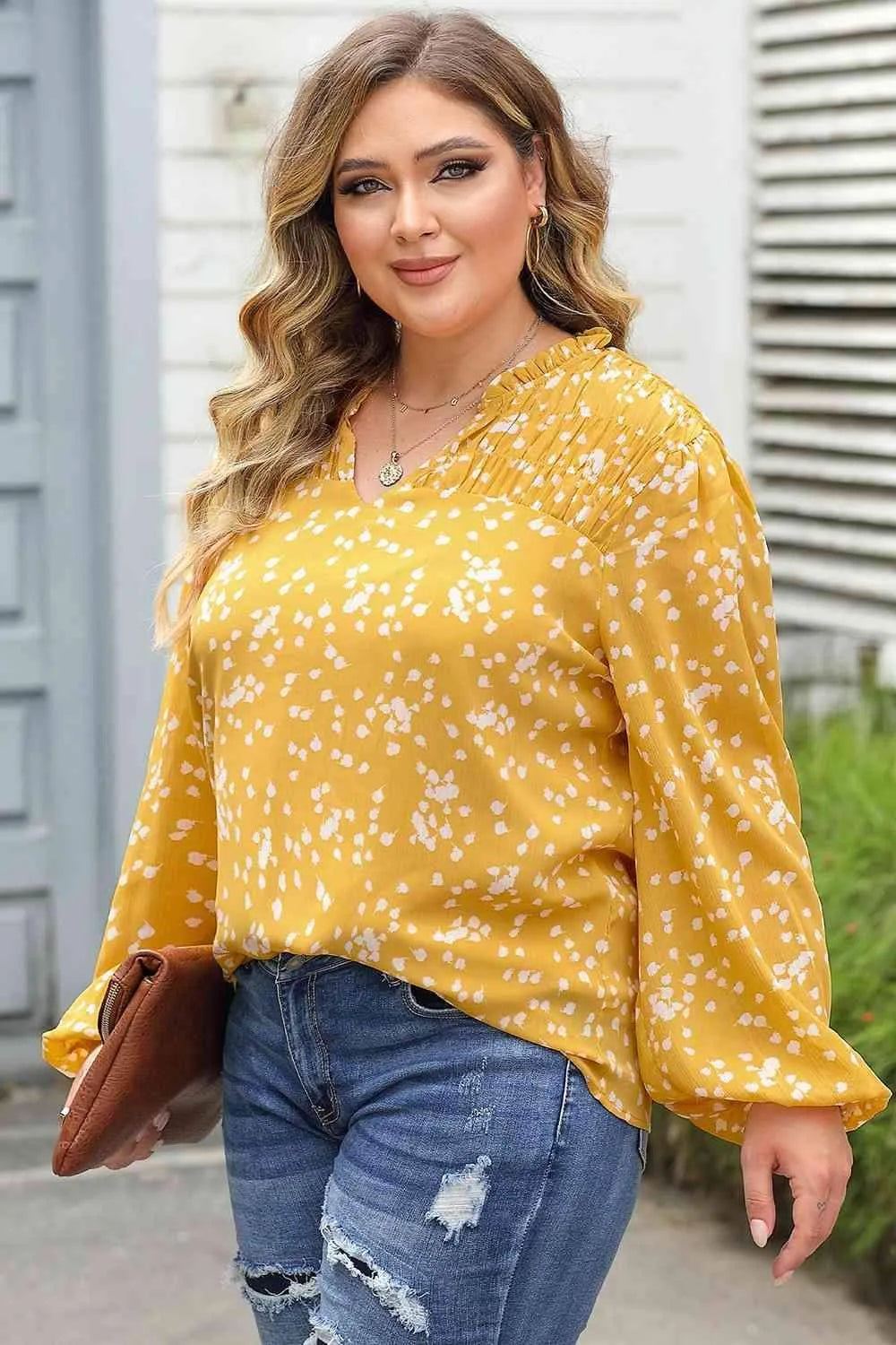 Plus Size Notched Neck Smocked Blouse Blouses - Tophatter Daily Deals