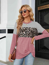 Color Block Round Neck Long Sleeve Blouse Blouses - Tophatter Daily Deals