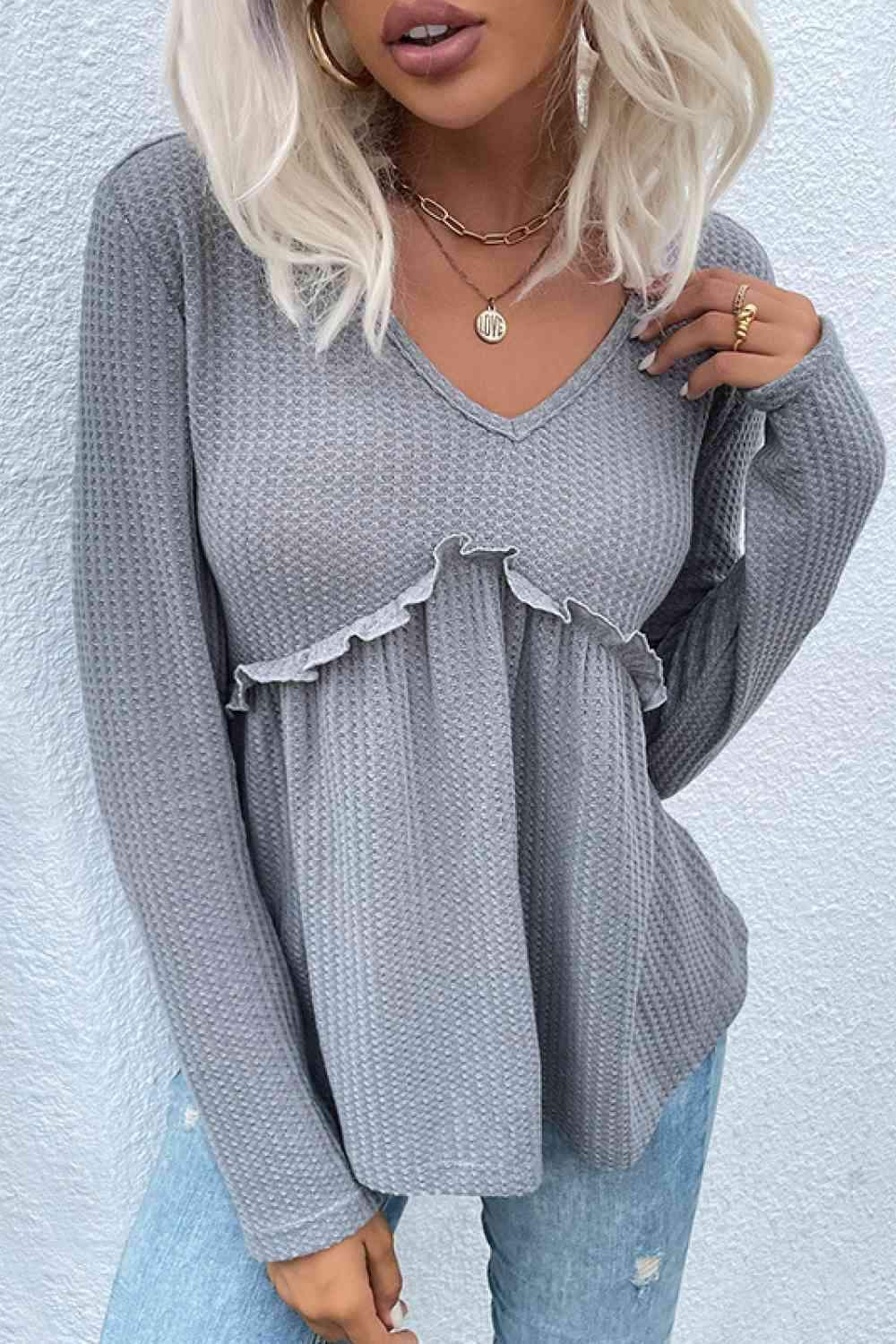 V-Neck Peplum Top Light Gray Blouses - Tophatter Daily Deals