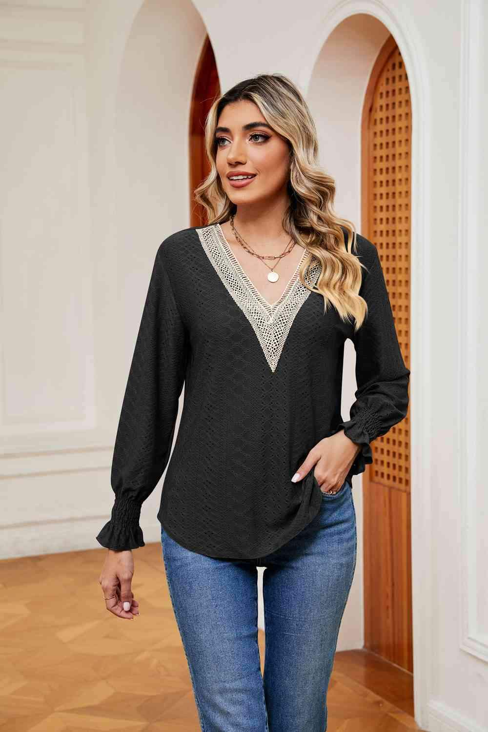 Contrast Flounce Sleeve Blouse Black Blouses - Tophatter Daily Deals