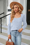 Ribbed Square Neck Long Sleeve T-Shirt Misty Blue Women's T-Shirts - Tophatter Daily Deals