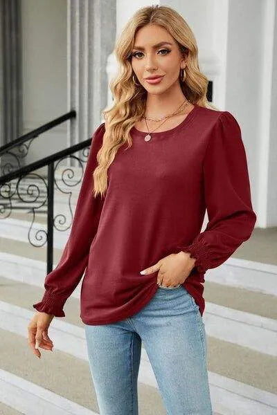 Round Neck Long Sleeve T-Shirt Wine Women's T-Shirts - Tophatter Daily Deals