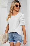 Eyelet Puff Sleeve Round Neck Blouse Blouses - Tophatter Daily Deals