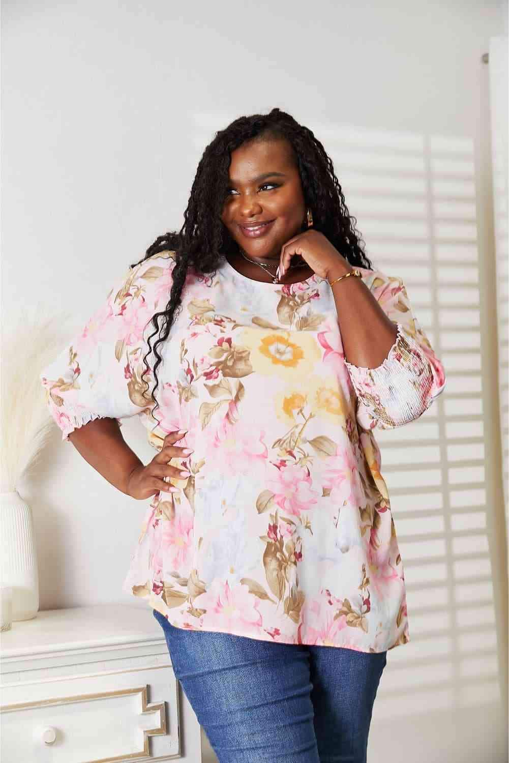 Double Take Floral Round Neck Three-Quarter Sleeve Top Blouses - Tophatter Daily Deals