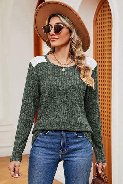 Eyelet Ribbed Round Neck Long Sleeve T-Shirt Moss Women's T-Shirts - Tophatter Daily Deals