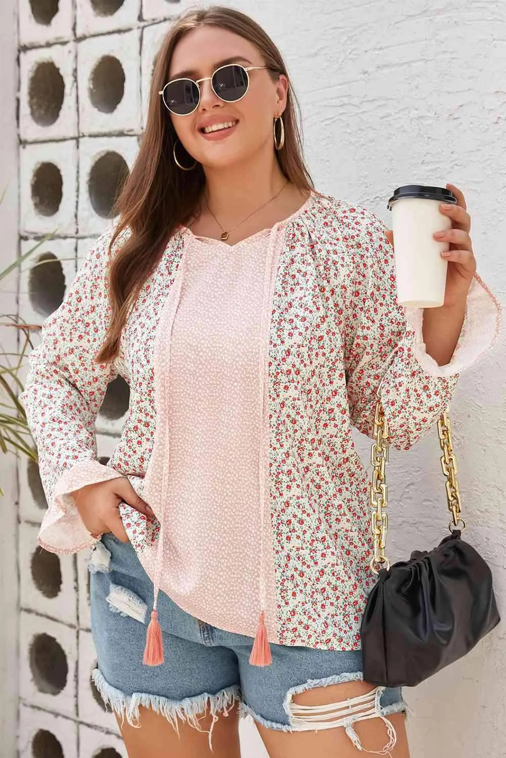 Plus Size Tassel Tie Flounce Sleeve Blouse Floral Blouses - Tophatter Daily Deals