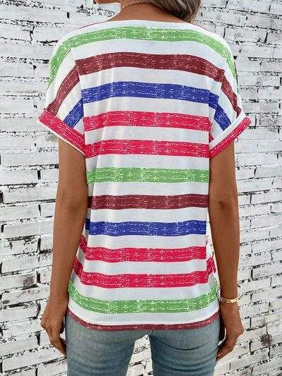 Striped V-Neck Short Sleeve T-Shirt Women's T-Shirts - Tophatter Daily Deals