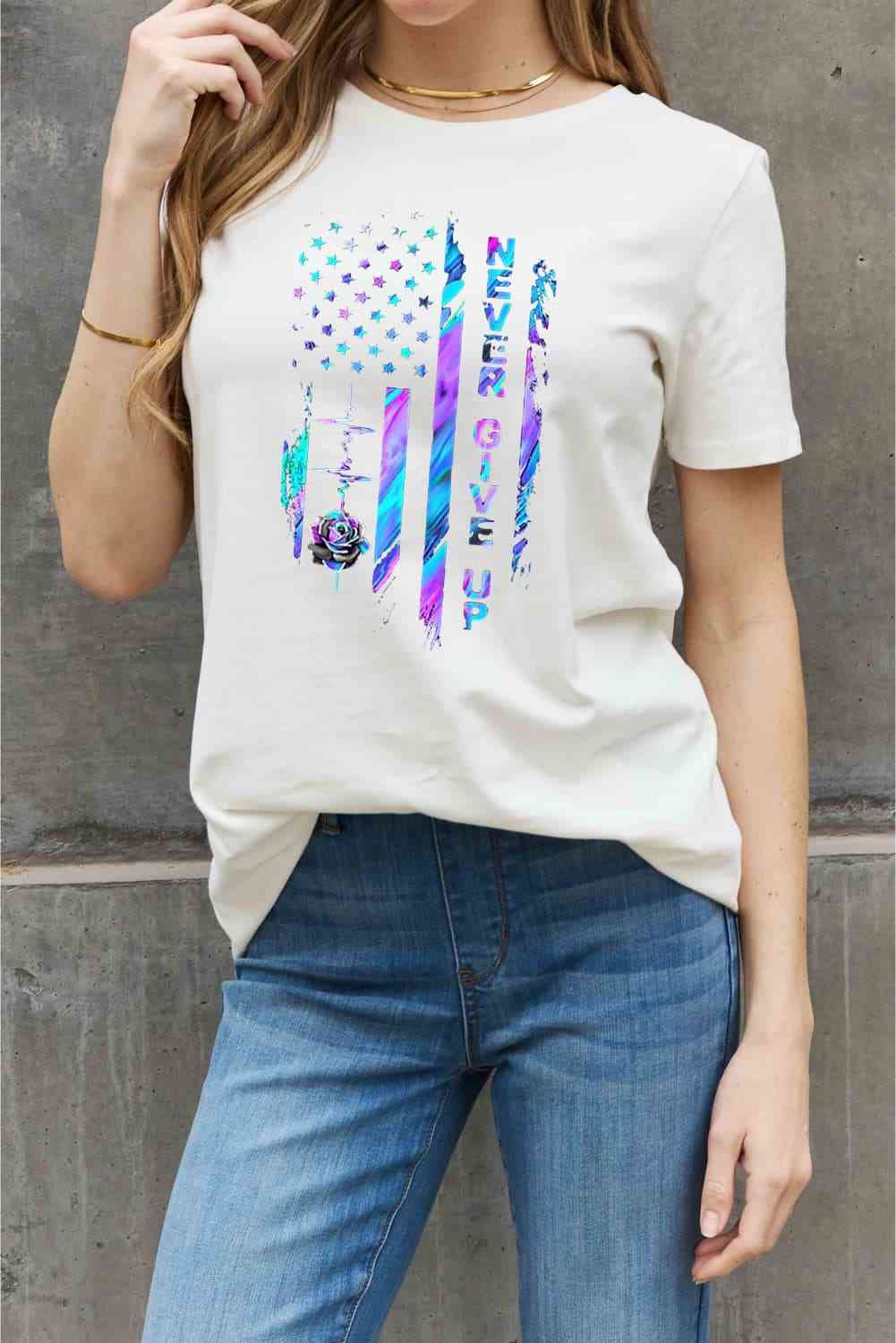 Simply Love Simply Love Full Size NEVER GIVE UP Graphic Cotton Tee Women's T-Shirts - Tophatter Daily Deals