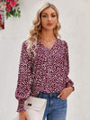 Printed V-Neck Lantern Sleeve Blouse Wine Blouses - Tophatter Daily Deals