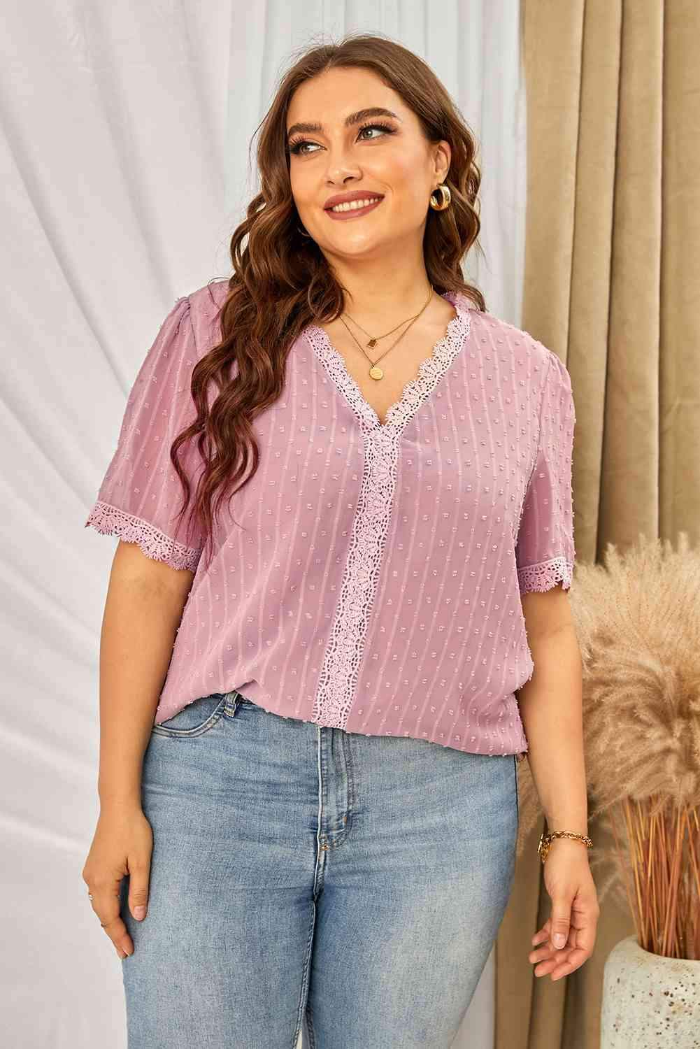 Plus Size Swiss Dot Spliced Lace V-Neck Blouse Blouses - Tophatter Daily Deals