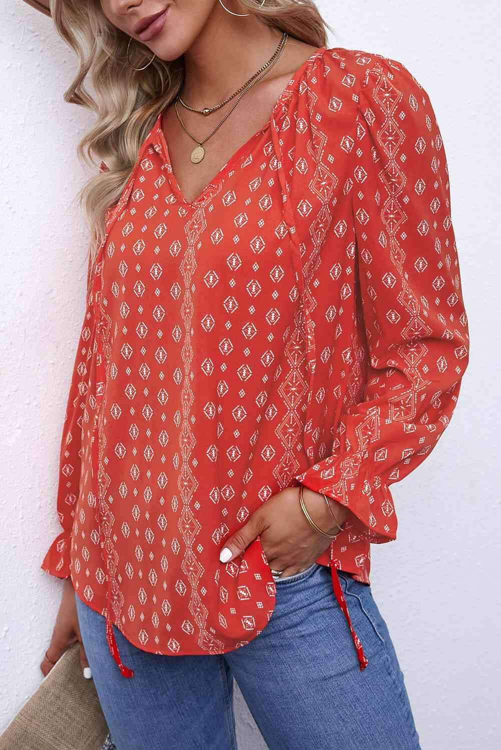 Printed Tie Neck Flounce Sleeve Top Red Blouses - Tophatter Daily Deals