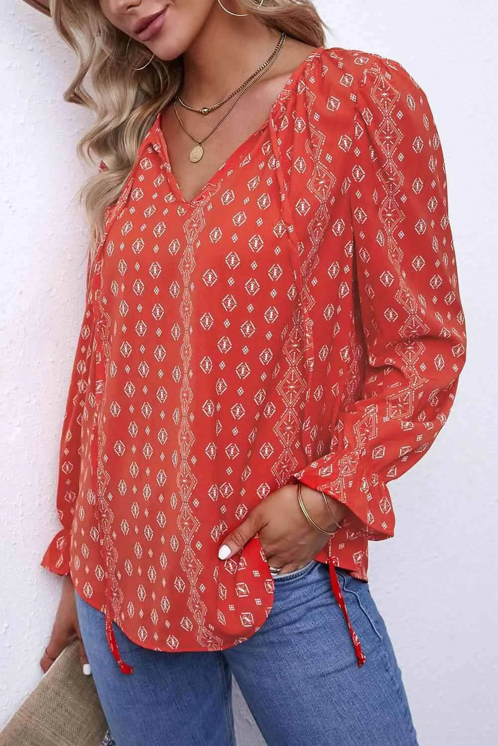 Printed Tie Neck Flounce Sleeve Top Red Blouses - Tophatter Daily Deals