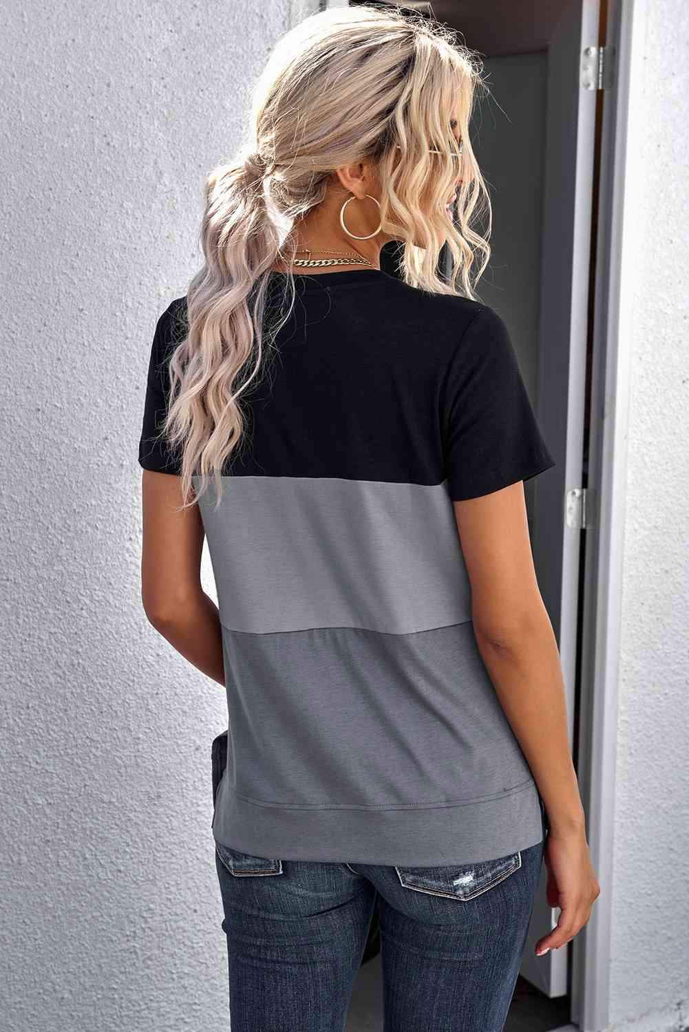 Color Block Side Slit Round Neck T-Shirt Women's T-Shirts - Tophatter Daily Deals