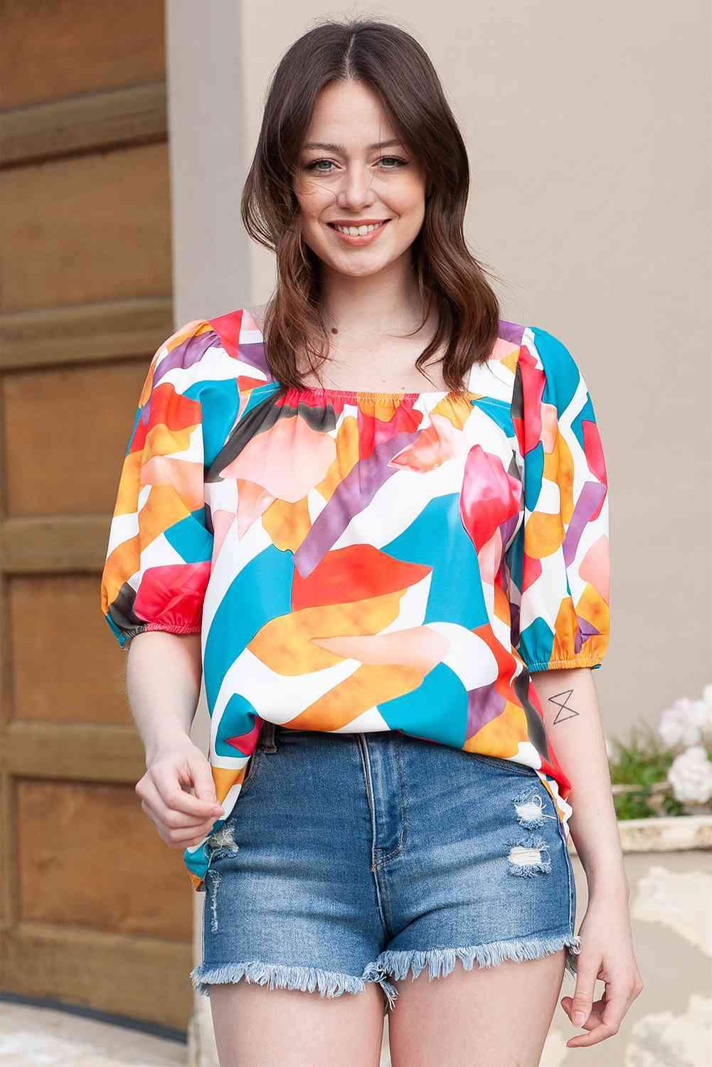 Printed Square Neck Half Sleeve Top Blouses - Tophatter Daily Deals