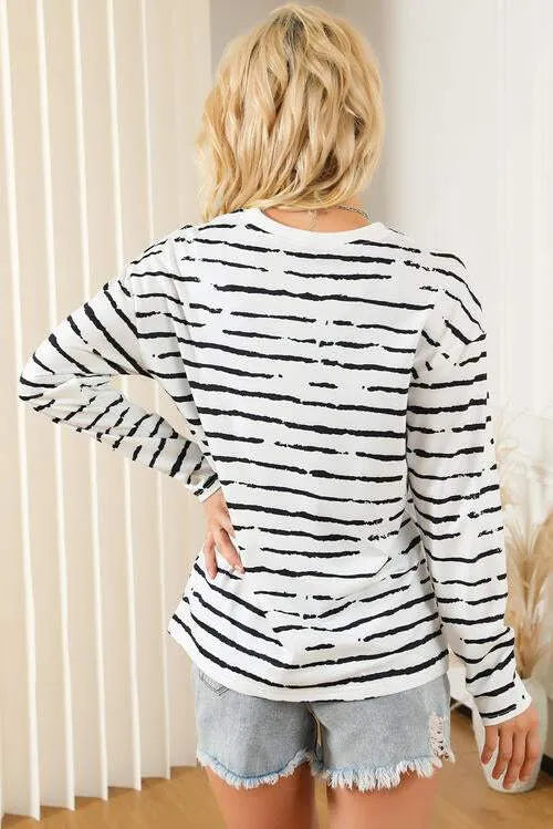 Striped Round Neck Long Sleeve T-Shirt Women's T-Shirts - Tophatter Daily Deals