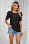 Eyelet Puff Sleeve Round Neck Blouse Black Blouses - Tophatter Daily Deals