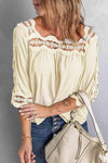 Crochet Openwork Three-Quarter Sleeve Blouse Beige Blouses - Tophatter Daily Deals