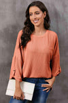 Round Neck Slit Roll-Tab Sleeve Oversize Top Coral Women's T-Shirts - Tophatter Daily Deals