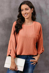 Round Neck Slit Roll-Tab Sleeve Oversize Top Coral Women's T-Shirts - Tophatter Daily Deals